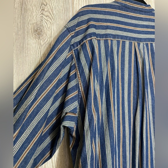 90s Mens Pinstriped Long Sleeve Denim Shirt Band Collar Hunt Club Size XL - Picture 12 of 15